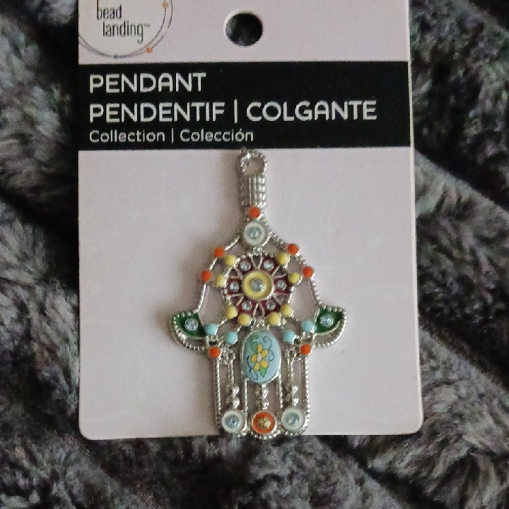 Multicolor Hamsa Pendant Necklace - Silver Tone